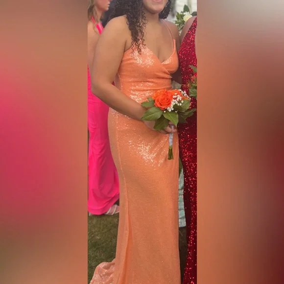 sequin coral bridesmaid dresses ZAPAKA Women Sparkly Coral Prom Dress with Slit Mermaid Sequins Spaghetti Straps Corset Long Evening Dress, Coral / US18W